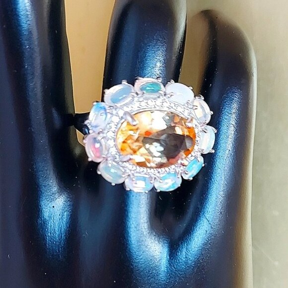 Natural Citrine 14x10mm, Fire Opal & Cz 925 Sterling Silver‎ Ring 8.75 - Picture 7 of 8